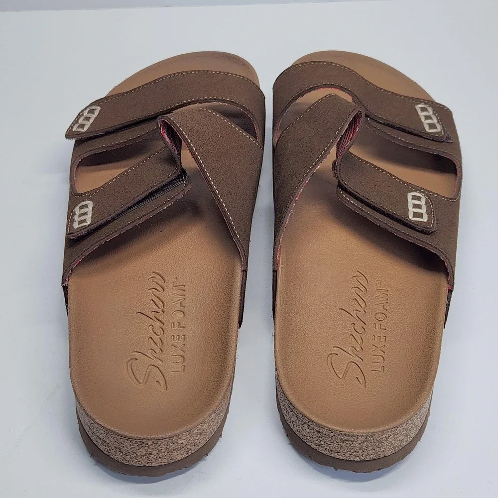 Skechers Sandals Womens Size 10 Brown Luxe Foam Slide On Adjustable EUC SN 56176 - Picture 8 of 10